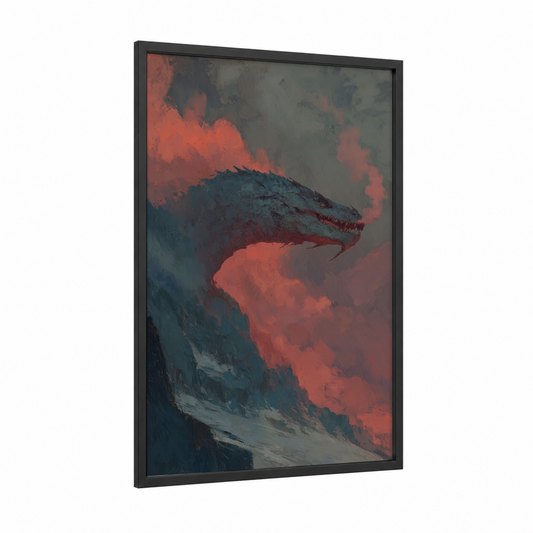 Inferno Basilisk framed art print — black wood frame — red and blue palette