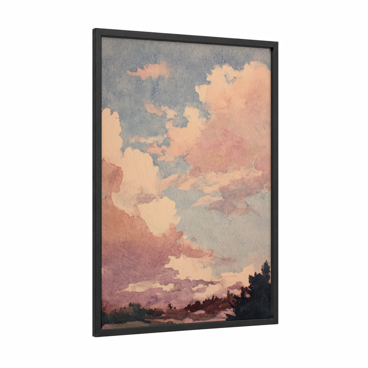 Pastel Morning Sky framed art print — black wood frame — peach and dove gray palette