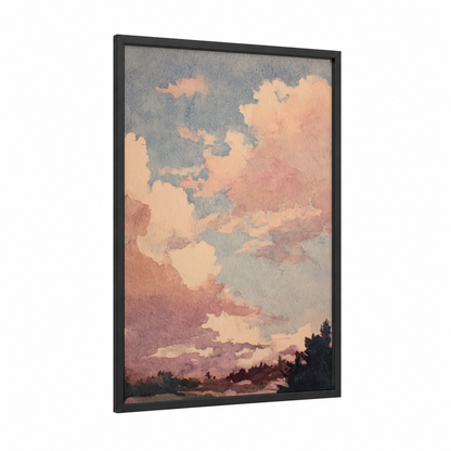 Pastel Morning Sky framed art print — black wood frame — peach and dove gray palette