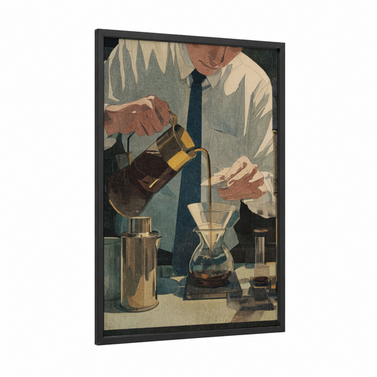 Vintage Coffee Pour framed art print — black wood frame — russet and cream palette
