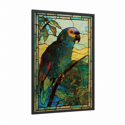 Emerald Parrot framed safari parrots print — black wood frame — teal and gold palette