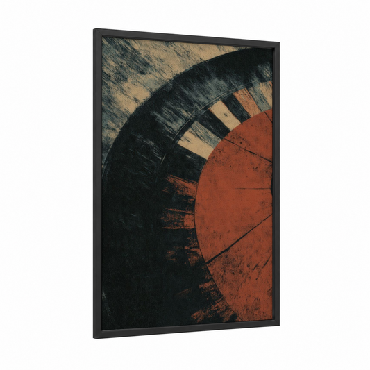 Crimson Roulette framed art print — black wood frame — russet and black palette