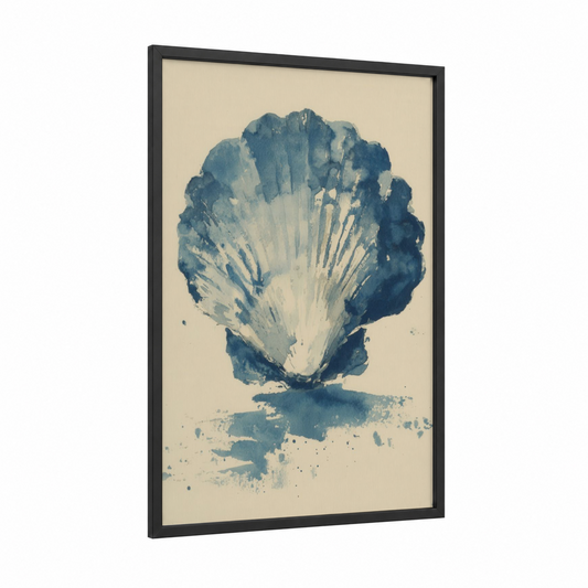 Indigo Oyster framed art print — black wood frame — blue and cream palette