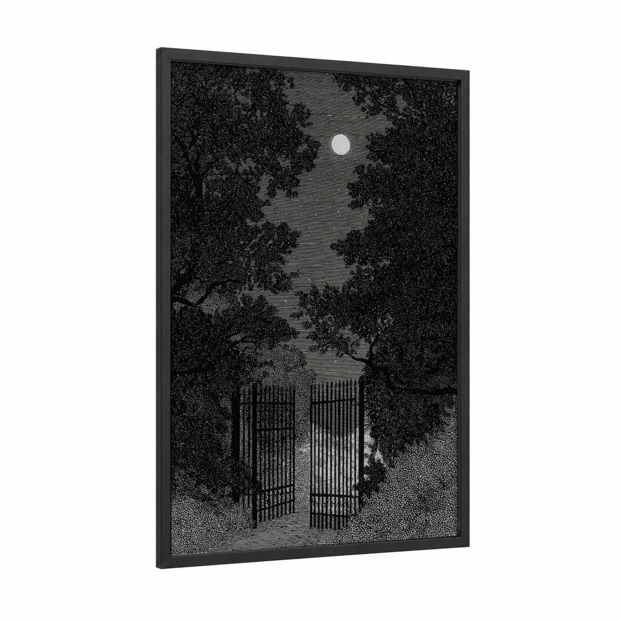 Moonlit Garden Gate framed art print — black wood frame — black and white palette