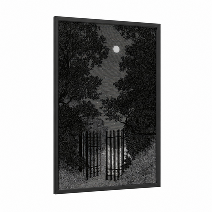 Moonlit Garden Gate framed art print — black wood frame — black and white palette