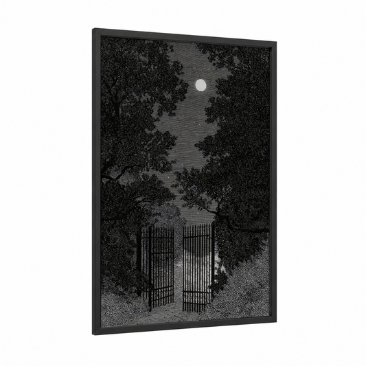 Moonlit Garden Gate framed art print — black wood frame — black and white palette