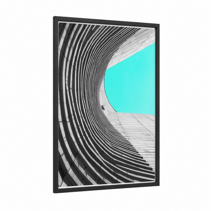 Cyan Skyline framed abstract architecture print — black wood frame — black and white and turquoise palette