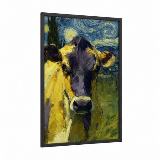 Starry Night Jersey framed jersey cow print — black wood frame — blue and yellow gold palette