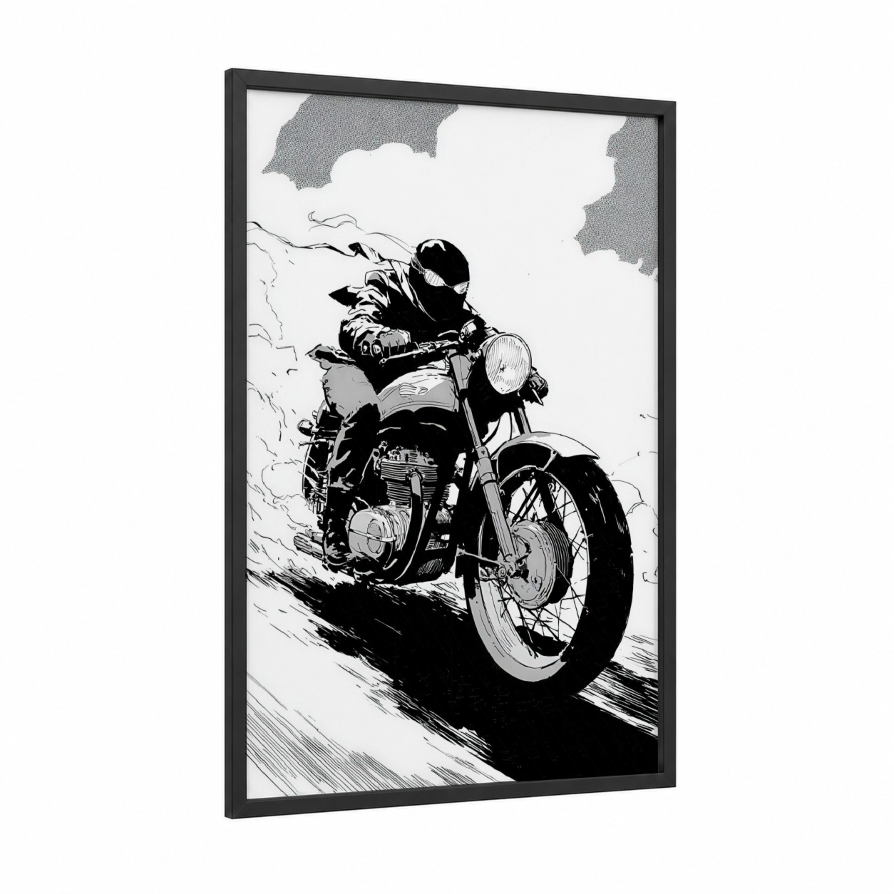 Vintage Motorcycle Rider framed art print — black wood frame — black and white palette