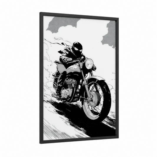 Vintage Motorcycle Rider framed art print — black wood frame — black and white palette