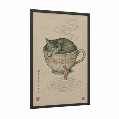 Japanese Tea Cup Cat Wall Art framed art print — black wood frame — beige and green palette