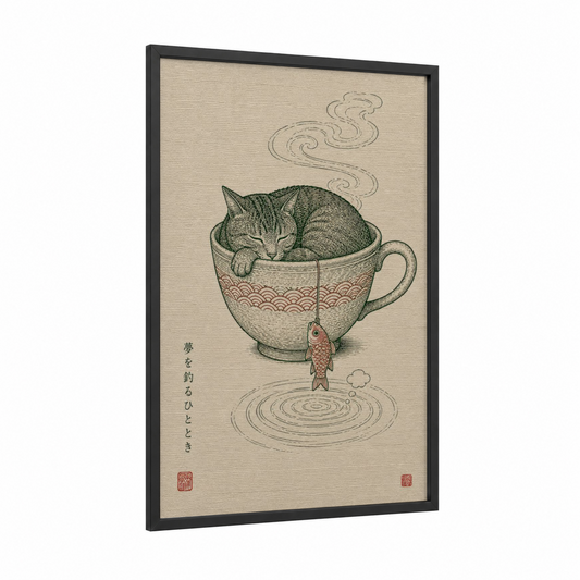 Japanese Tea Cup Cat Wall Art framed art print — black wood frame — beige and green palette