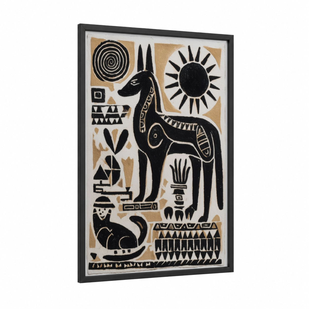 Desert Llama framed abstract traditional print — black wood frame — black and gold and cream palette