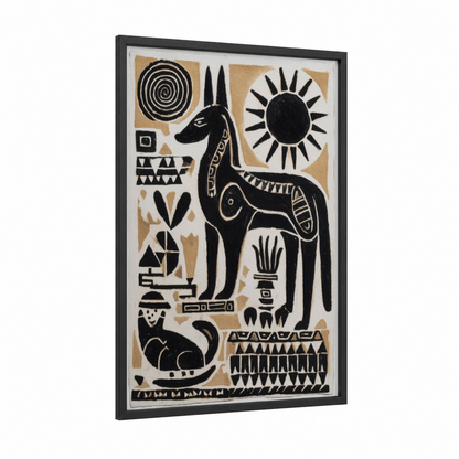 Desert Llama framed abstract traditional print — black wood frame — black and gold and cream palette
