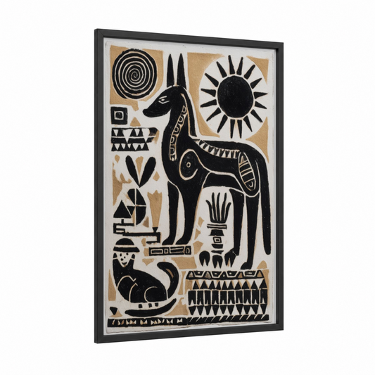 Desert Llama framed abstract traditional print — black wood frame — black and gold and cream palette