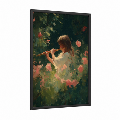 Flute Player Garden framed art for girl print — black wood frame — green and salmon pink palette
