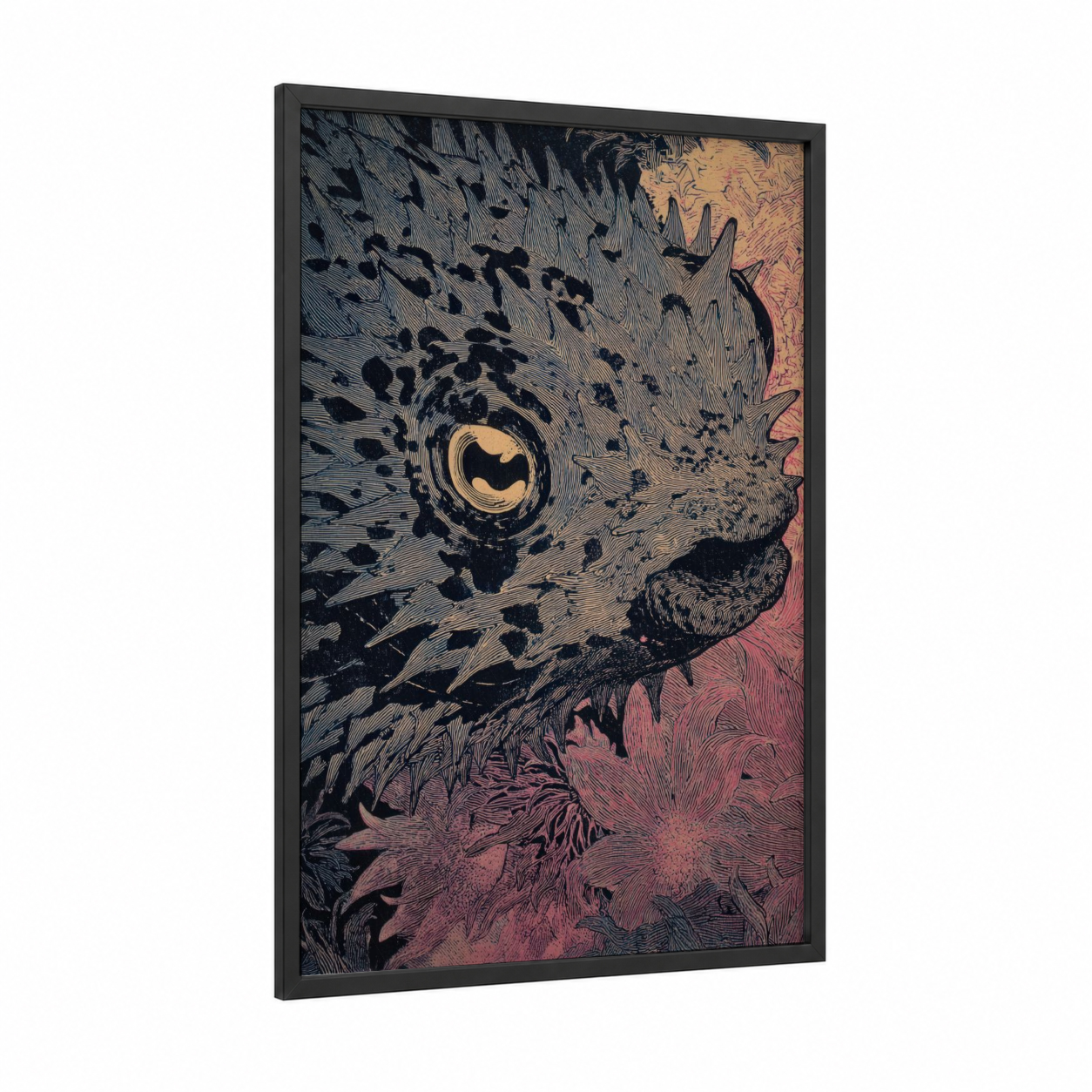 Golden Puffer Fish framed art print — black wood frame — gold and black and white palette