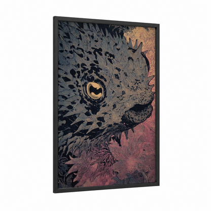 Golden Puffer Fish framed art print — black wood frame — gold and black and white palette