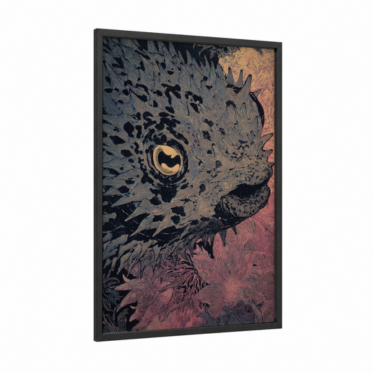Golden Puffer Fish framed art print — black wood frame — gold and black and white palette