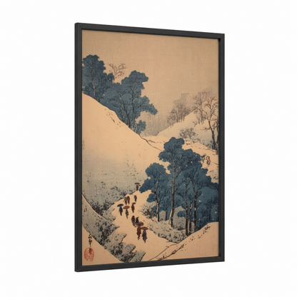 Winter Mountain Trail framed snowy mountains print — black wood frame — cream and blue palette