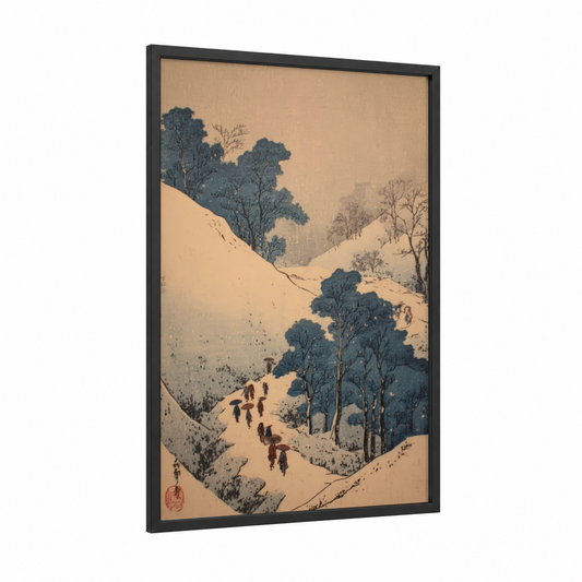 Winter Mountain Trail framed snowy mountains print — black wood frame — cream and blue palette