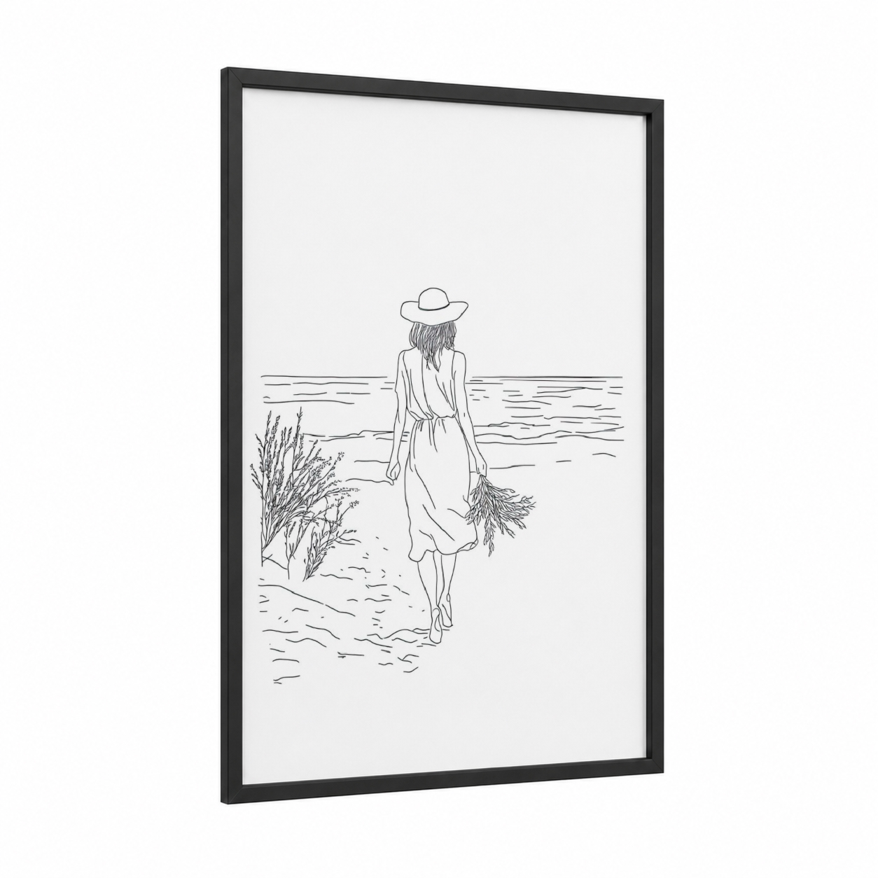 Coastal Beach Stroll framed beach sunrise and sunsets print — black wood frame — black and white palette