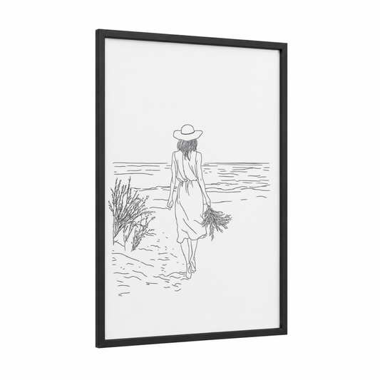Coastal Beach Stroll framed beach sunrise and sunsets print — black wood frame — black and white palette