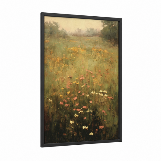 Misty Wildflower Meadow framed flower field print — black wood frame — beige and green palette