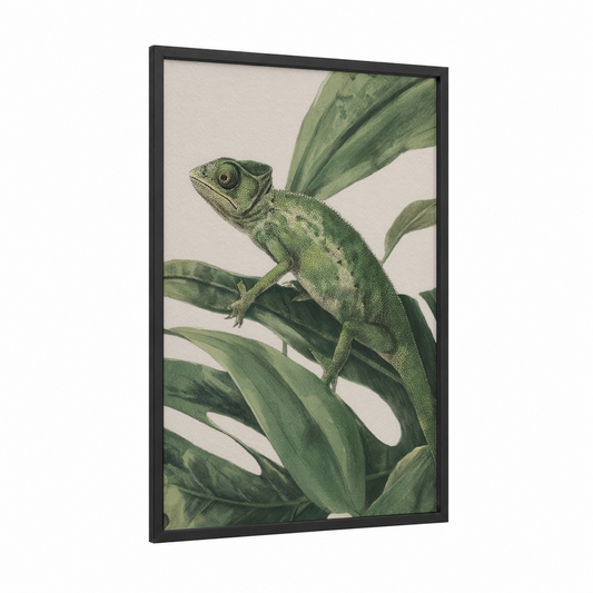 Emerald Chameleon framed art print — black wood frame — green and beige palette