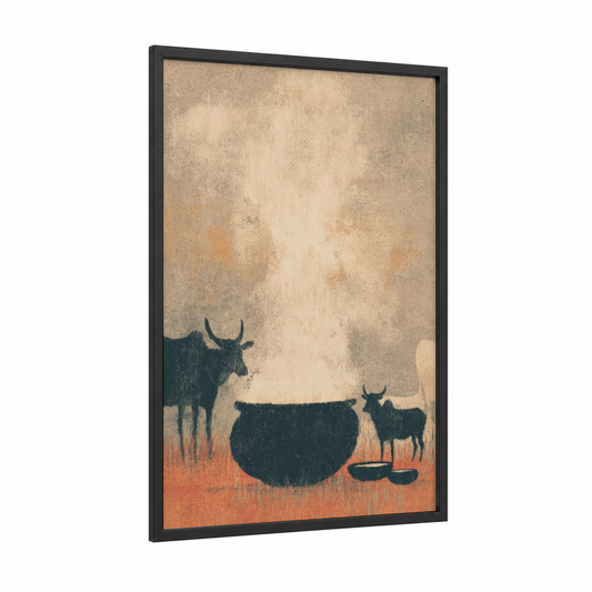 Diwali Cattle Ritual framed hindu holidays print — black wood frame — beige and russet palette