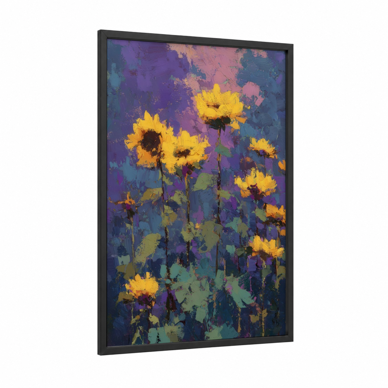 Violet Sunflowers framed art print — black wood frame — purple and yellow gold palette