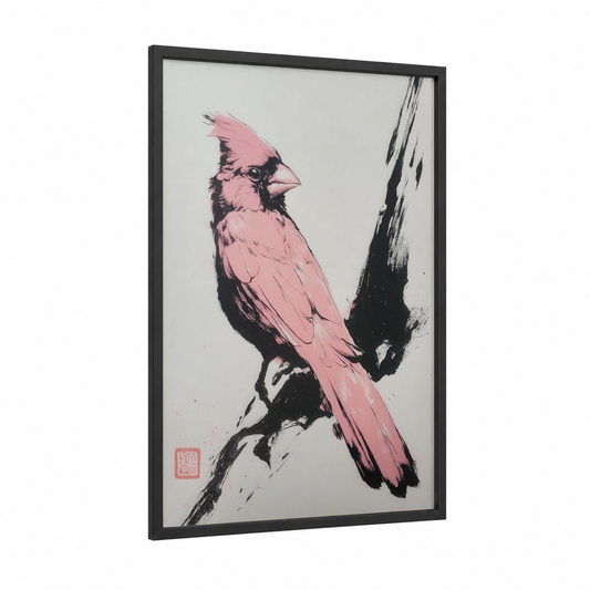 Pink Cardinal Portrait framed art print — black wood frame — pink and black and white palette