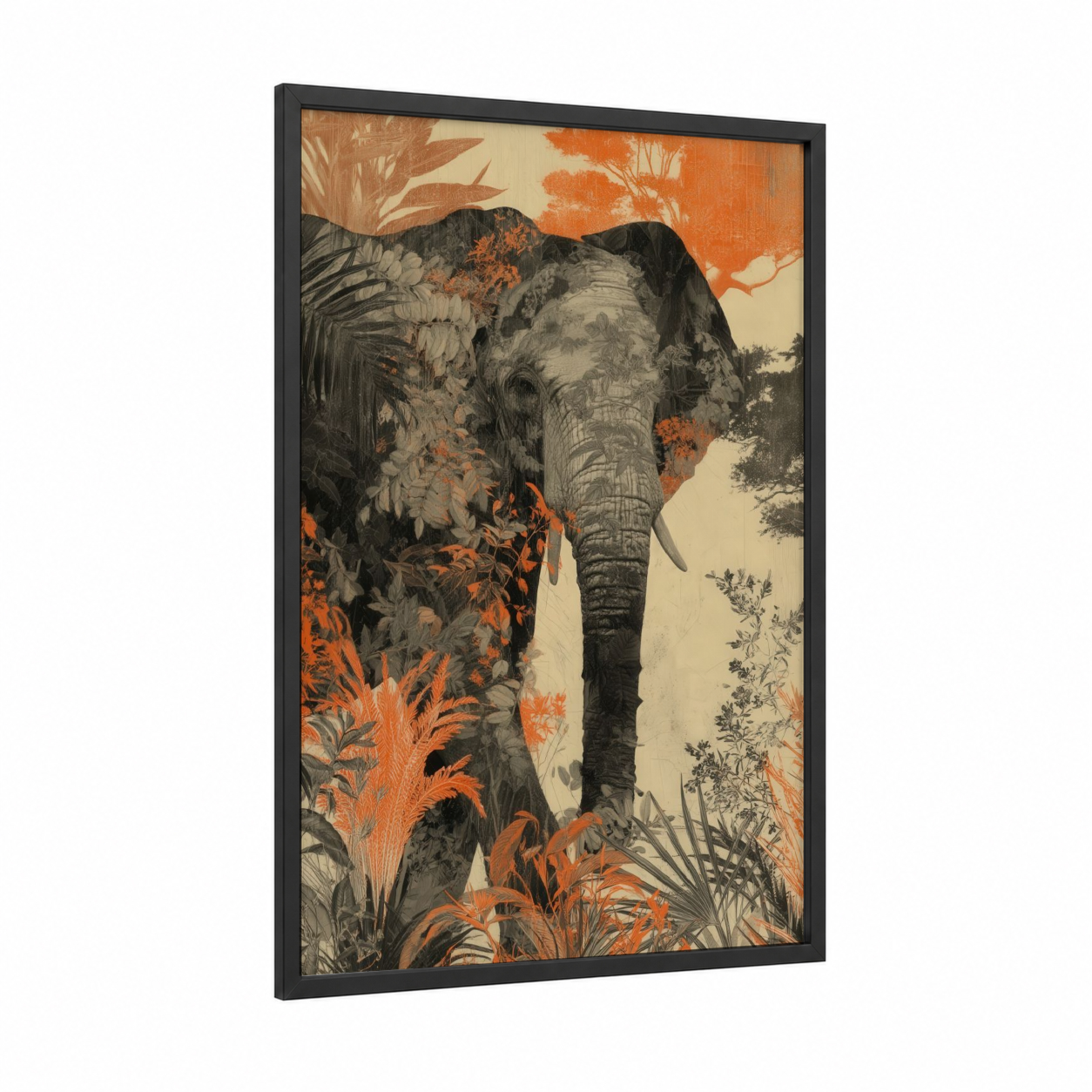 Savanna Elephant Portrait framed art print — black wood frame — russet and cream palette