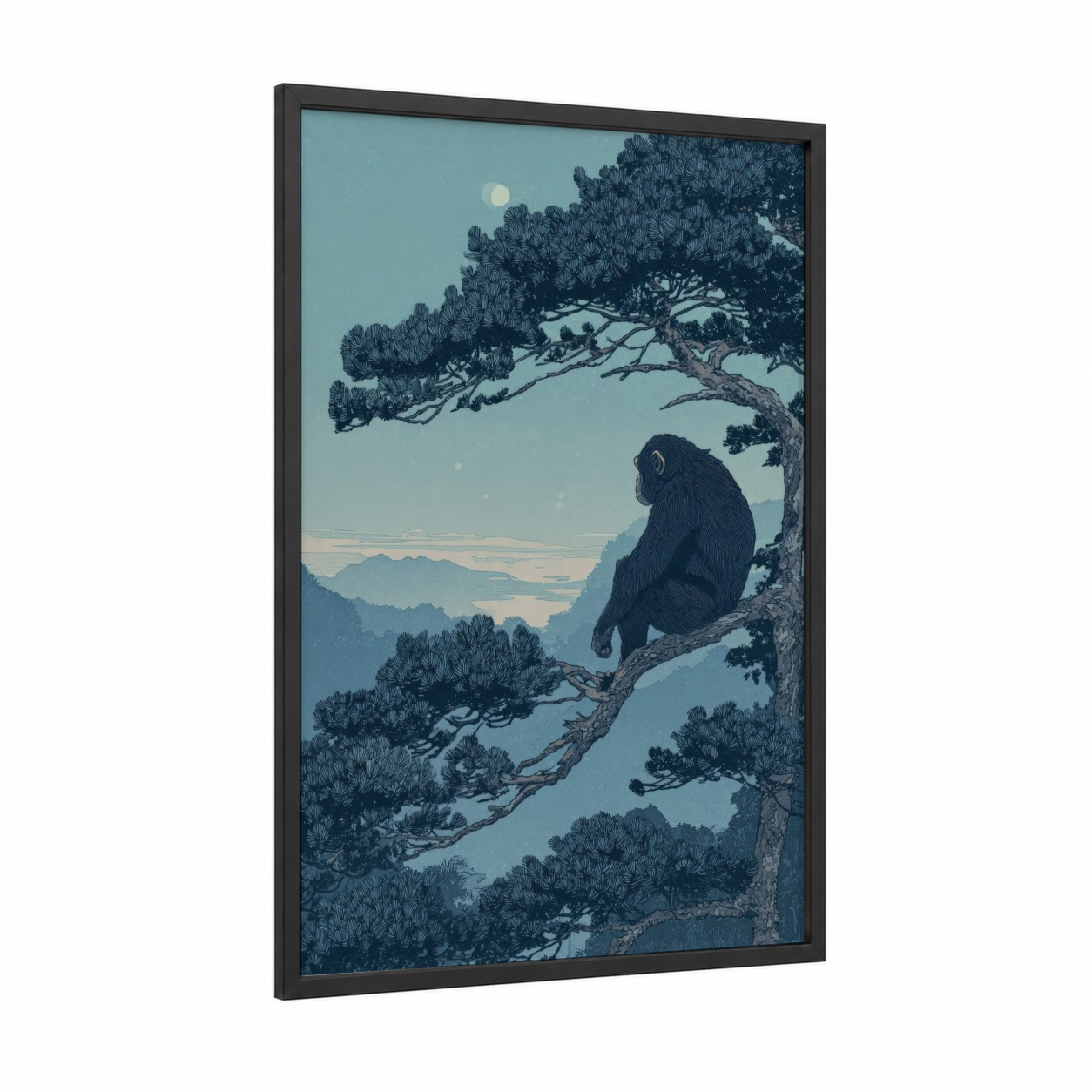 Contemplative Chimp framed chimpanzee print — black wood frame — blue and dark blue palette