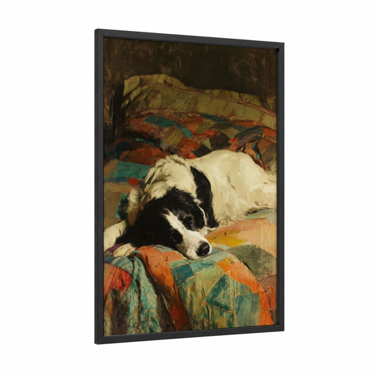 Restful Spaniel framed art print — black wood frame — sage green palette