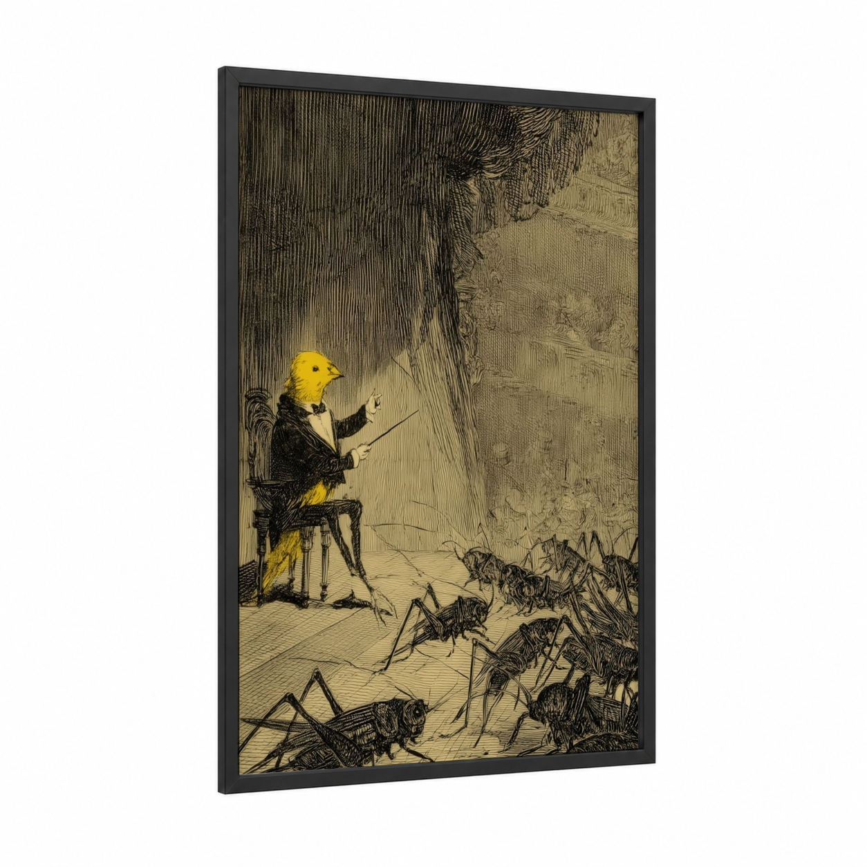 Conductor Canary framed canaries print — black wood frame — black and white and cream palette