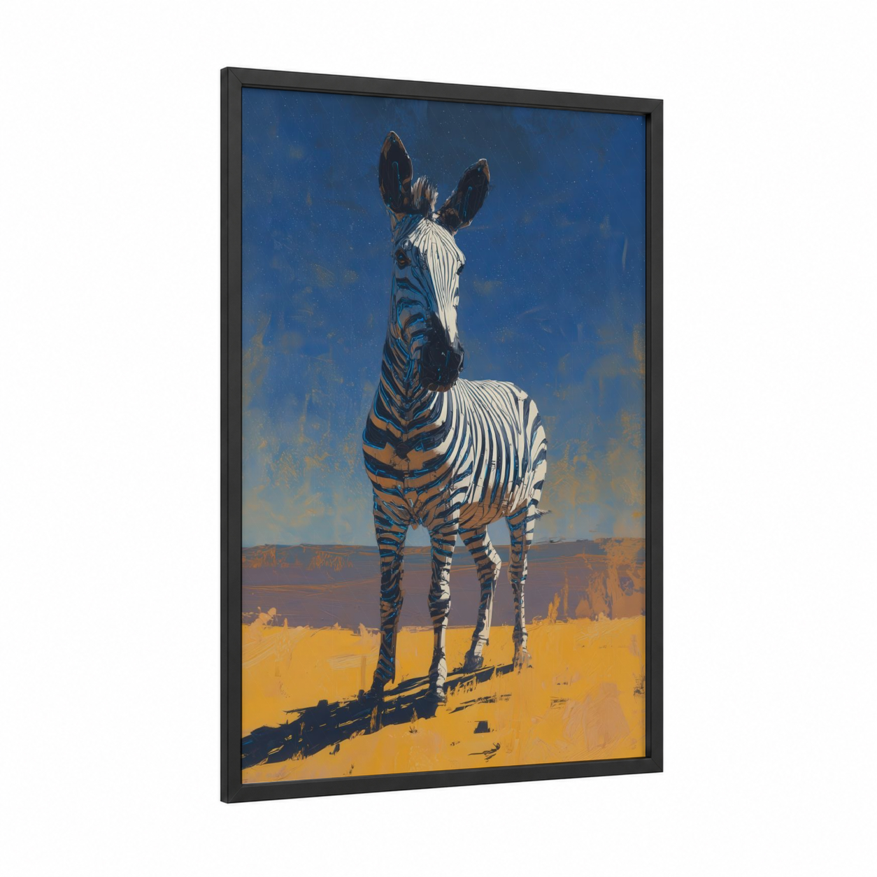 Golden Zebra framed art print — black wood frame — blue and gold palette