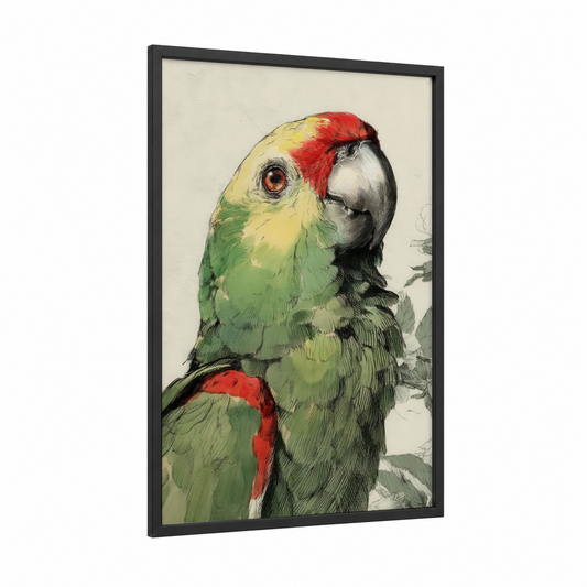 Crimson Parrot Profile framed safari parrots print — black wood frame — red and green palette