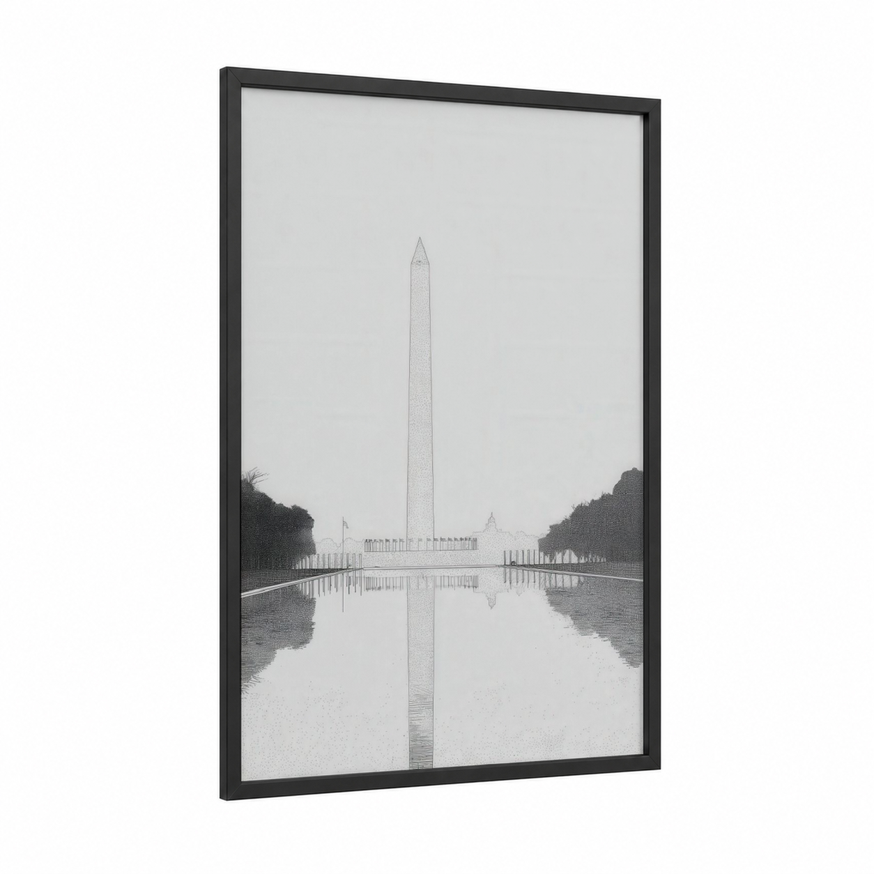 Washington Monument Reflection framed monuments print — black wood frame — black and white and gray palette