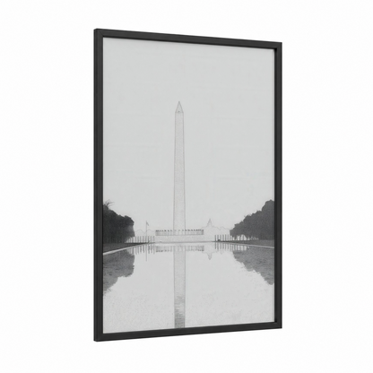 Washington Monument Reflection framed monuments print — black wood frame — black and white and gray palette