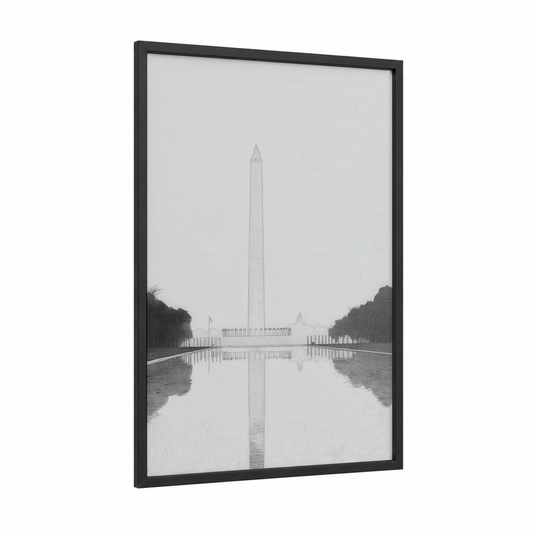 Washington Monument Reflection framed monuments print — black wood frame — black and white and gray palette