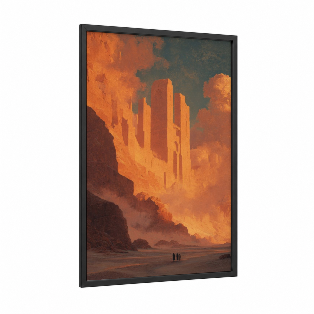 Golden Cathedral Ruins framed art print — black wood frame — gold and orange palette