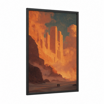 Golden Cathedral Ruins framed art print — black wood frame — gold and orange palette