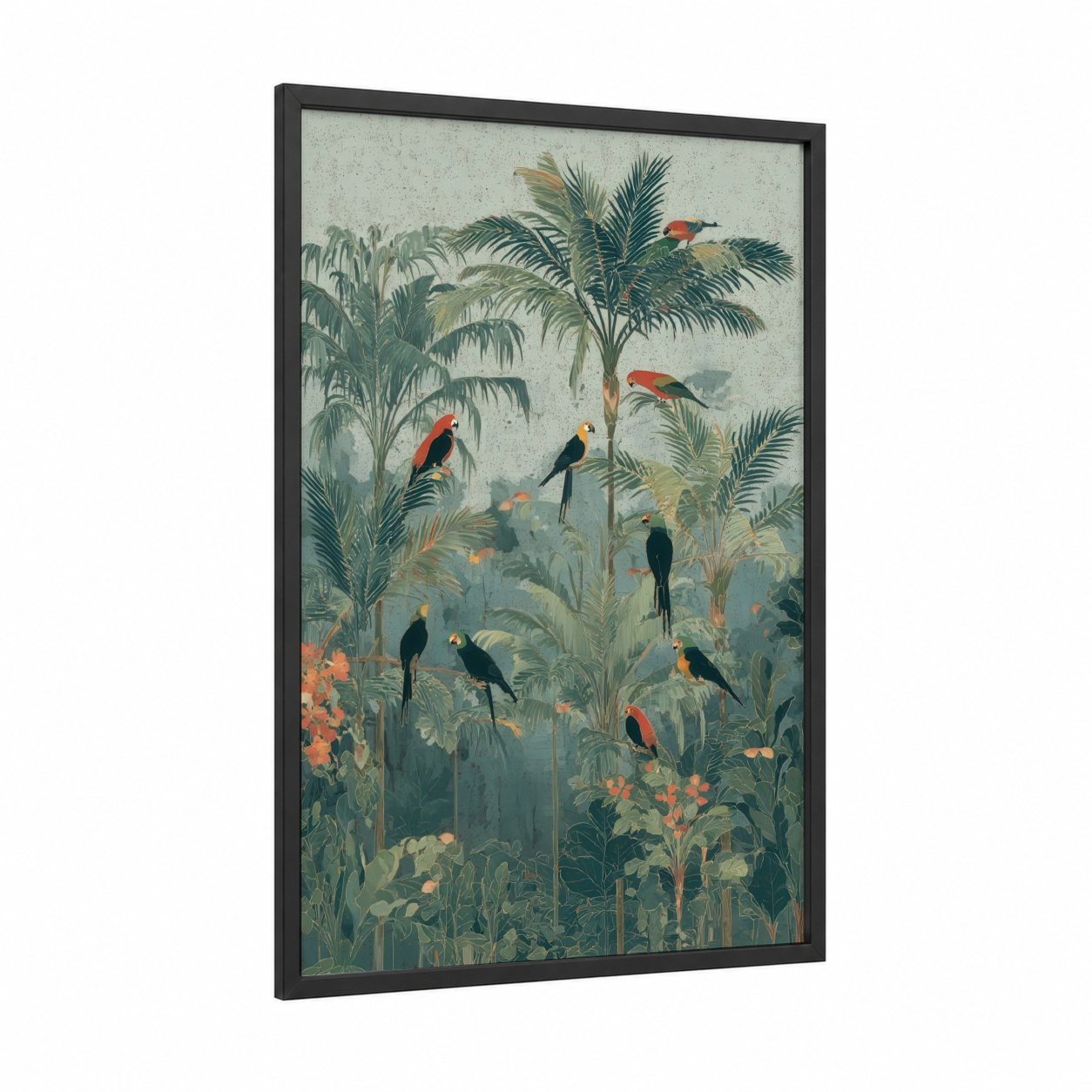 Tropical Jungle Parrots framed tropical trees print — black wood frame — sage green and gold palette