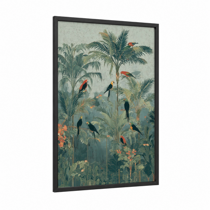 Tropical Jungle Parrots framed tropical trees print — black wood frame — sage green and gold palette