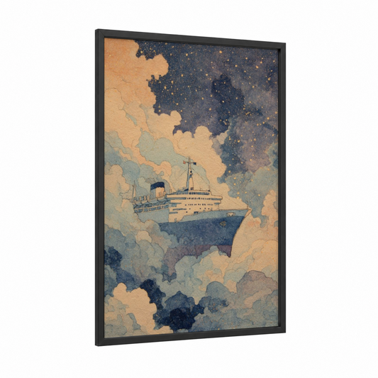 Celestial Cruise Ship framed art print — black wood frame — gold and denim palette