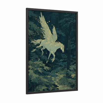 Luminous Pegasus framed art print — black wood frame — teal and gold palette