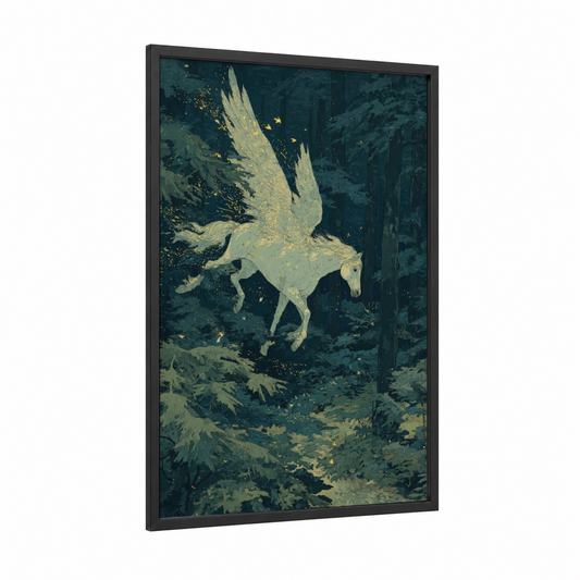 Luminous Pegasus framed art print — black wood frame — teal and gold palette