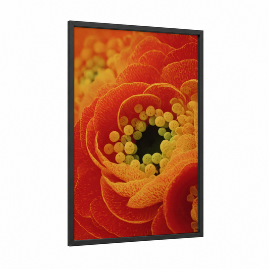 Crimson Ranunculus Macro framed art print — black wood frame — red and yellow gold palette