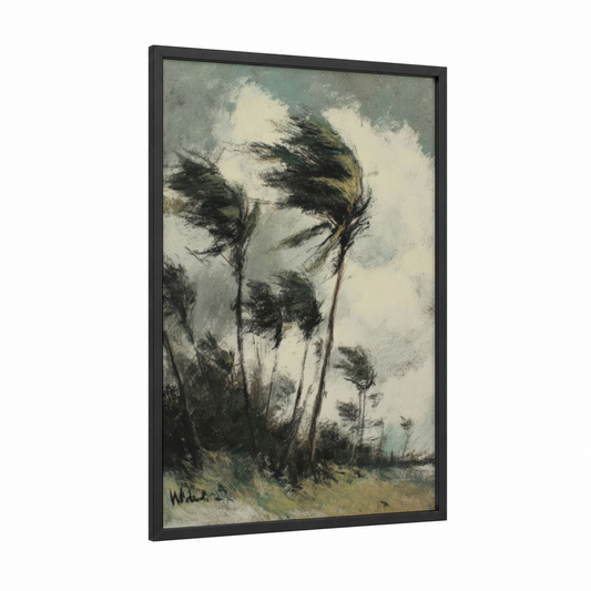 Windswept Palms framed palm tree print — black wood frame — gray and cream palette